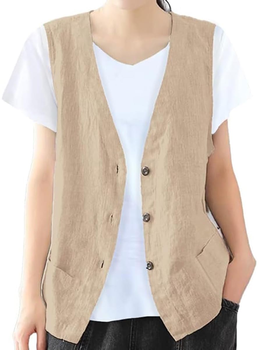 IDEALSANXUN Womens Cotton Linen Vest Casual Sleeveless Blazer