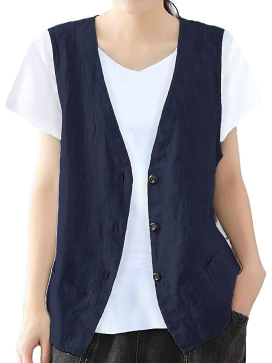 IDEALSANXUN Womens Cotton Linen Vest Casual Sleeveless Blazer