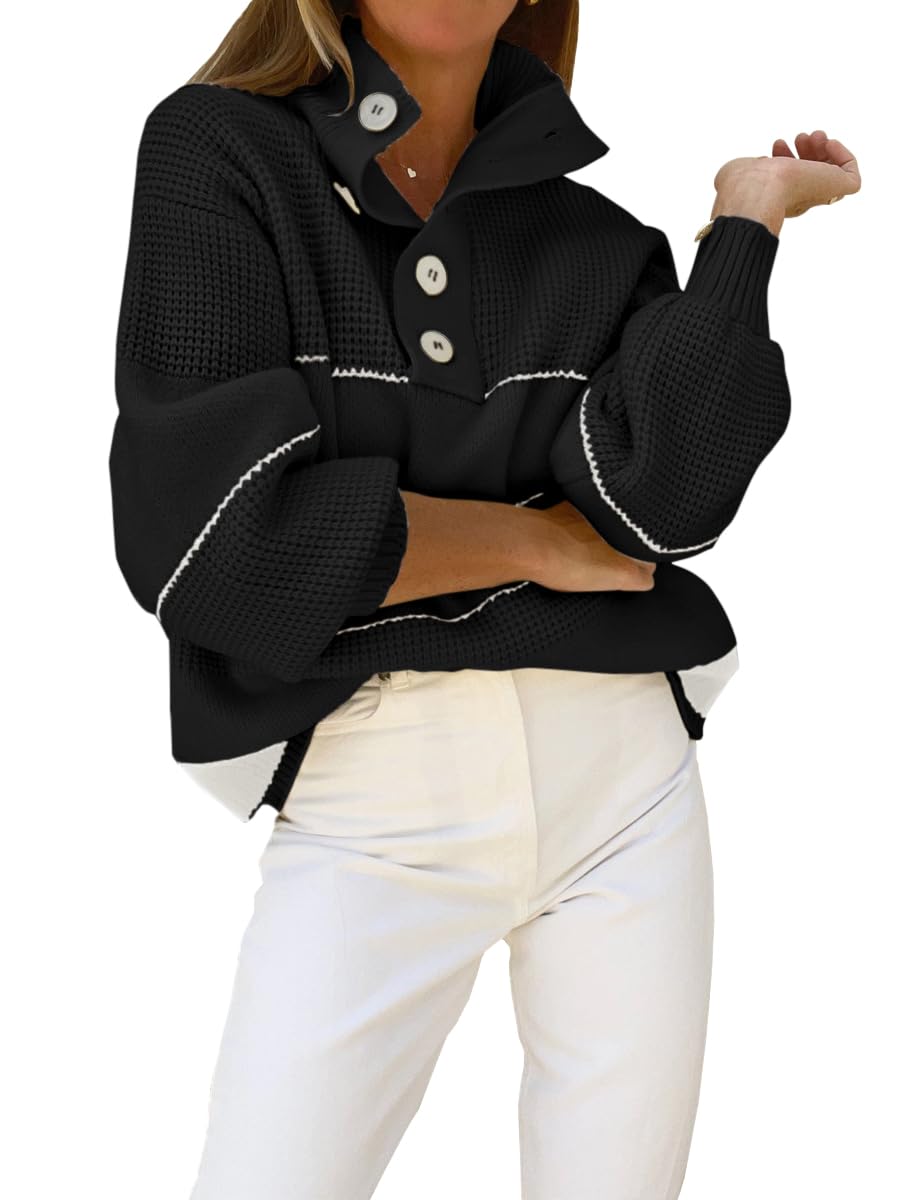 CHARTOU Women's Waffle Knit Knitwear Slouchy Striped Polo Collared Long Sleeve Pullover Sweater Tops