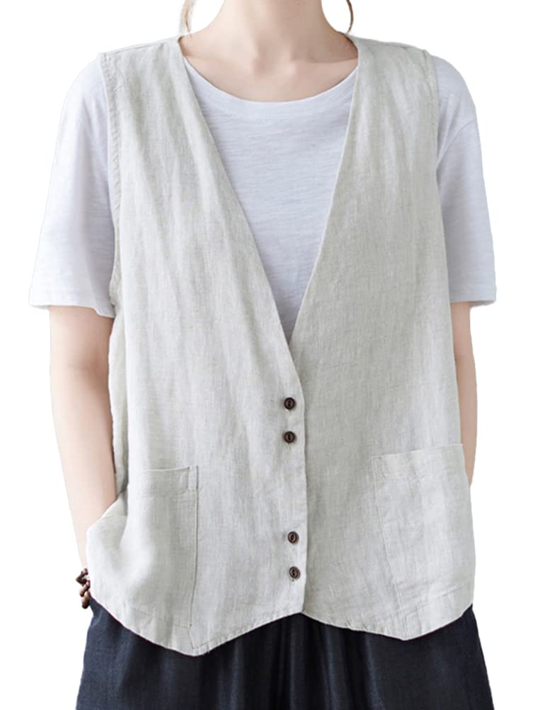 IDEALSANXUN Womens Cotton Linen Vest Casual Sleeveless Blazer