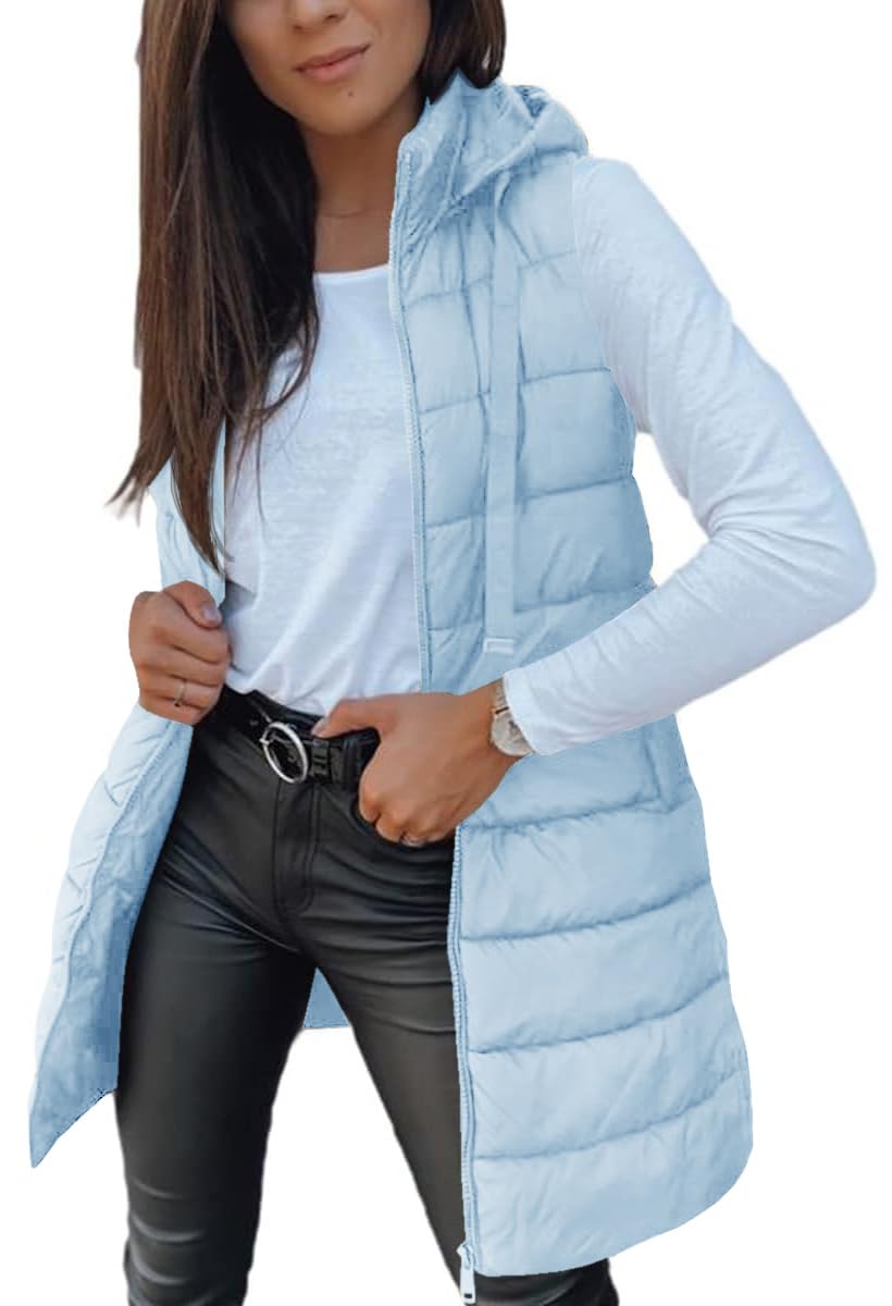 Veatzaer Women Long Vest Sleeveless Hood Winter Puffer Vest Outwear