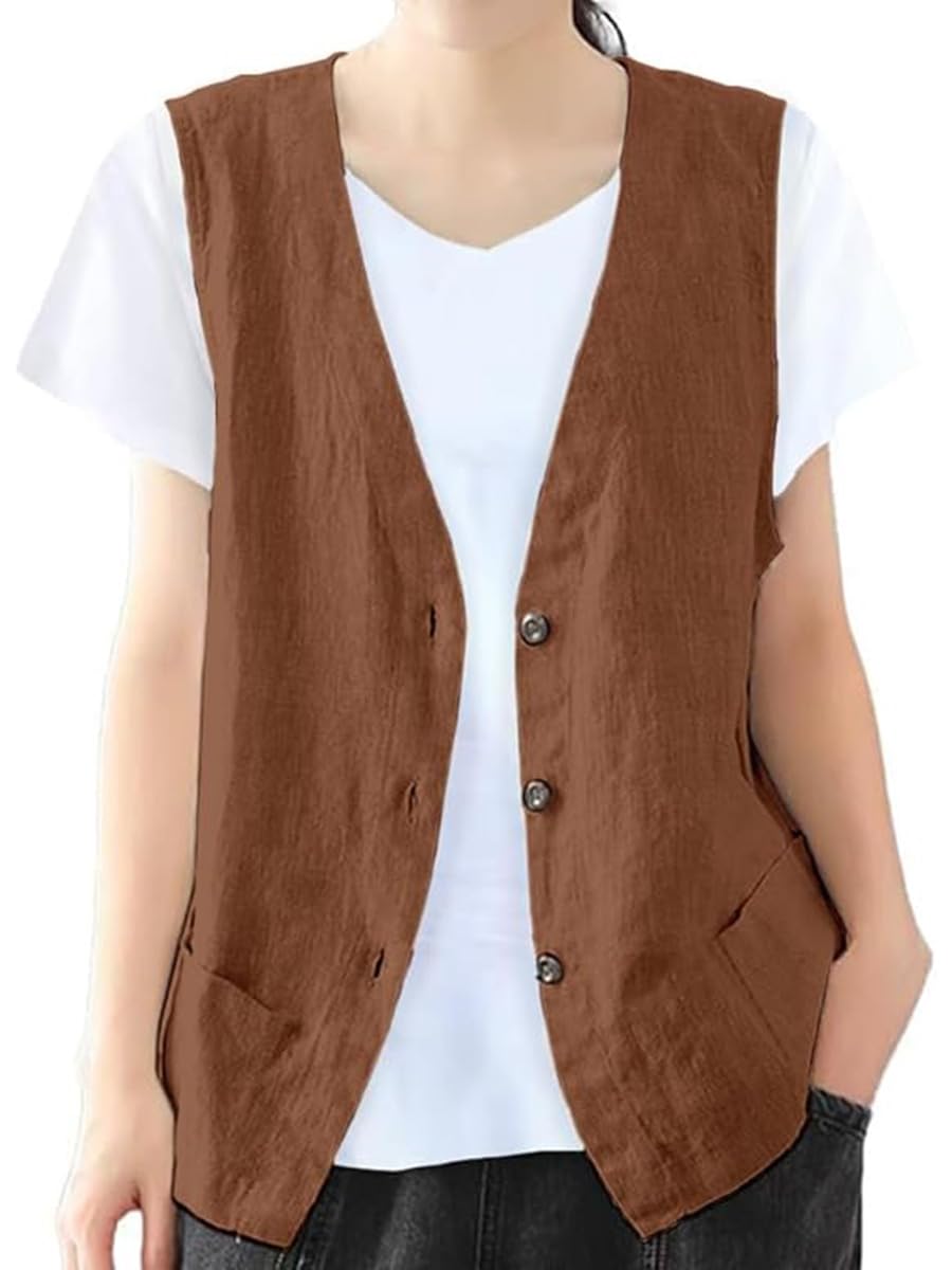 IDEALSANXUN Womens Cotton Linen Vest Casual Sleeveless Blazer