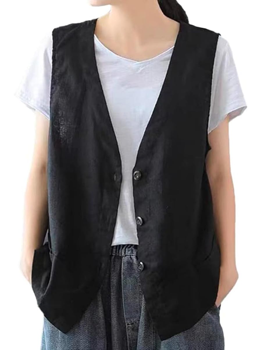 IDEALSANXUN Womens Cotton Linen Vest Casual Sleeveless Blazer
