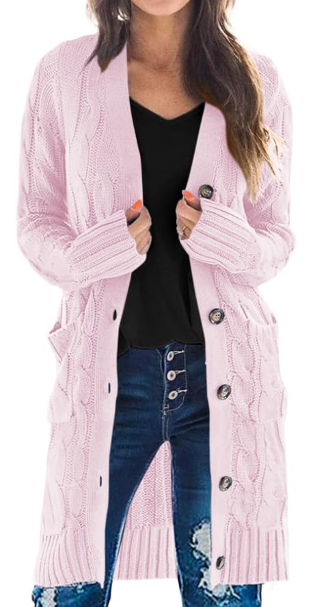 PRETTYGARDEN Womens Cable Knit Button Long Cardigan Sweaters