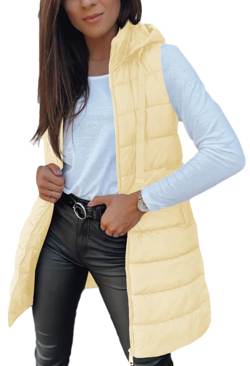Veatzaer Women Long Vest Sleeveless Hood Winter Puffer Vest Outwear