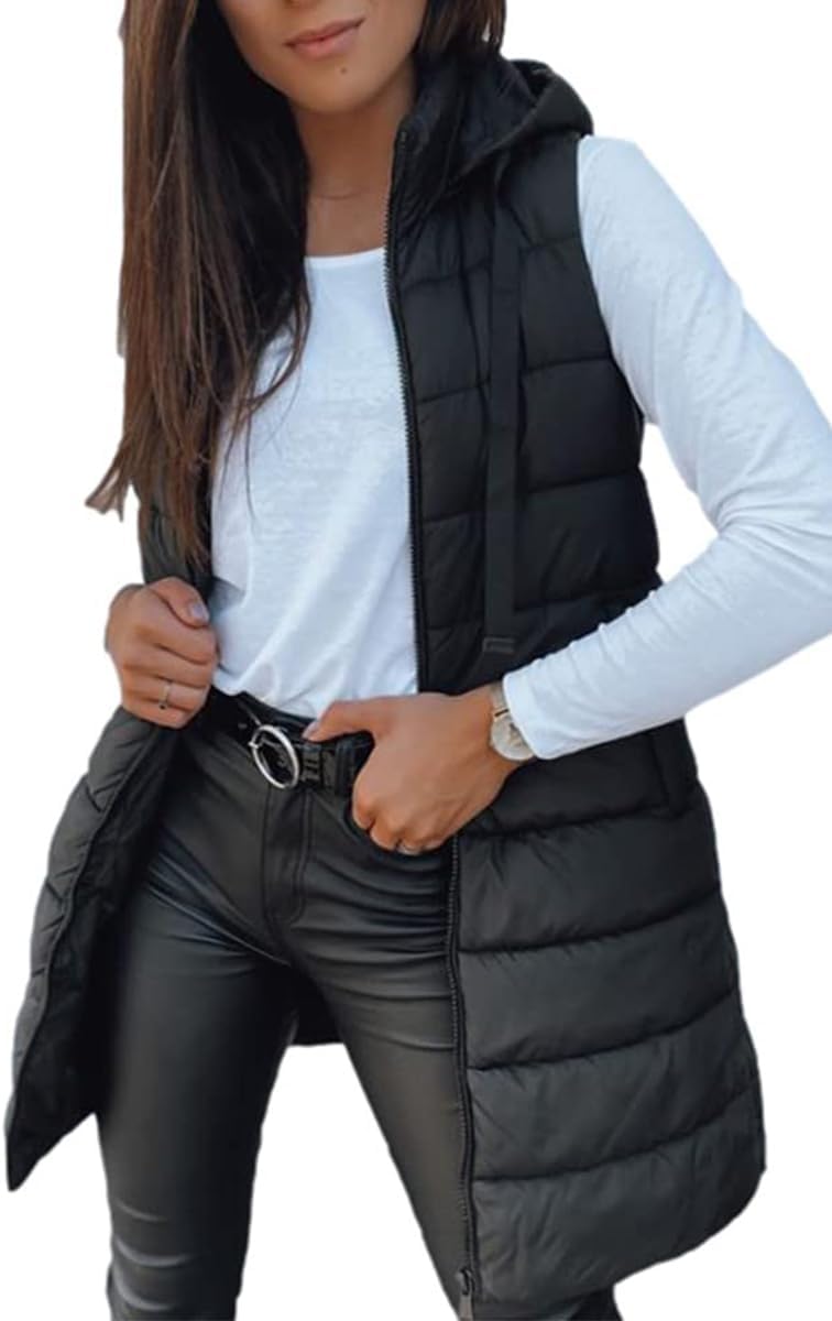 Veatzaer Women Long Vest Sleeveless Hood Winter Puffer Vest Outwear