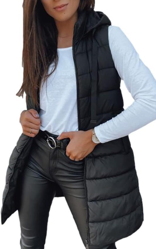 Veatzaer Women Long Vest Sleeveless Hood Winter Puffer Vest Outwear