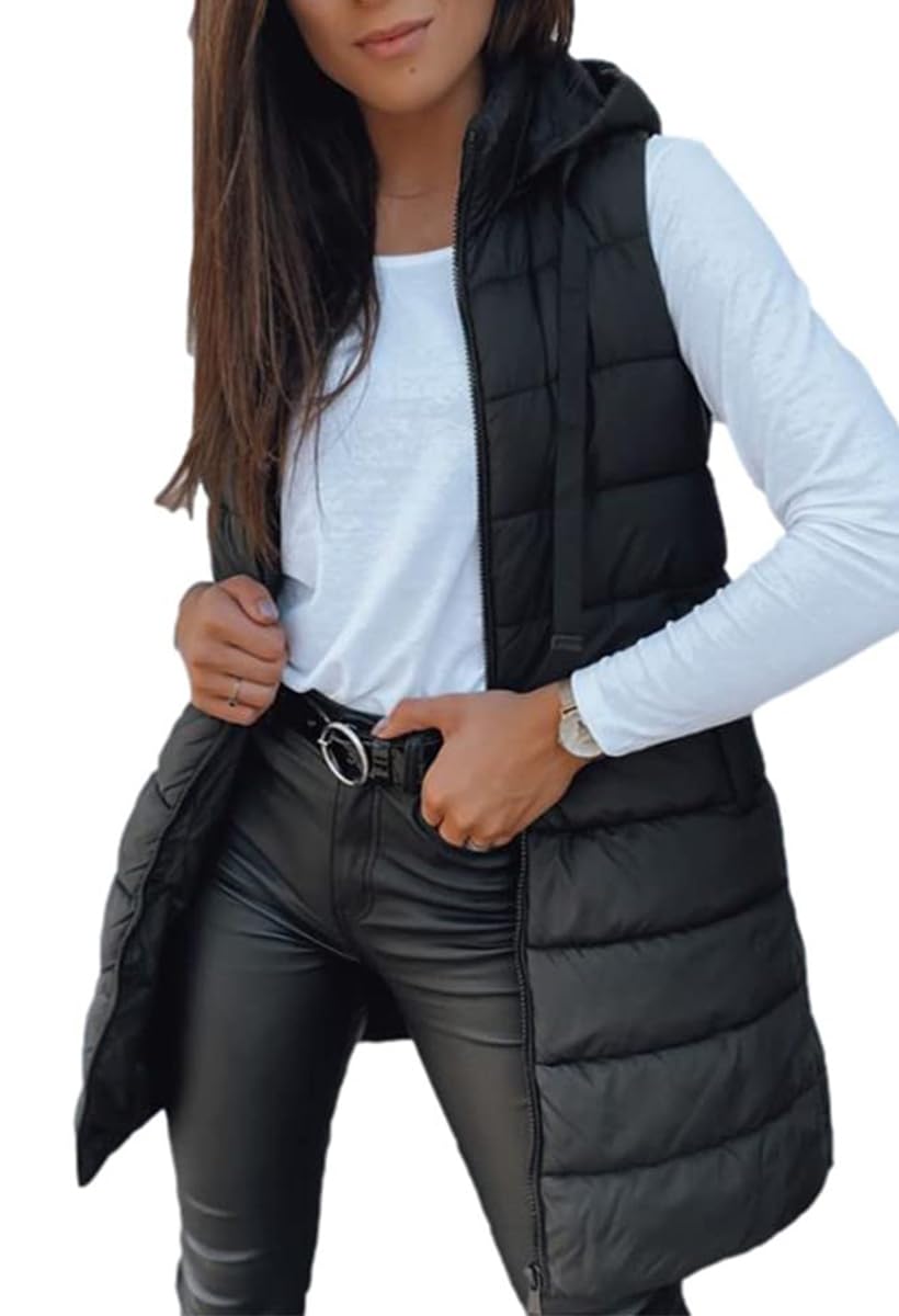 Veatzaer Women Long Vest Sleeveless Hood Winter Puffer Vest Outwear