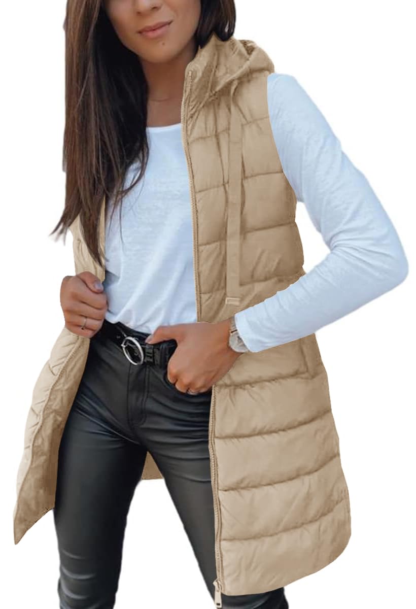 Veatzaer Women Long Vest Sleeveless Hood Winter Puffer Vest Outwear