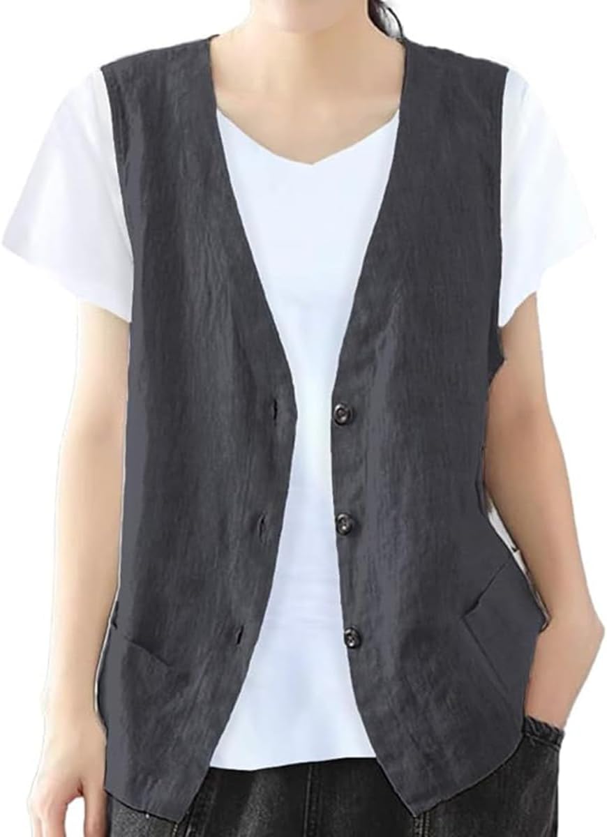IDEALSANXUN Womens Cotton Linen Vest Casual Sleeveless Blazer