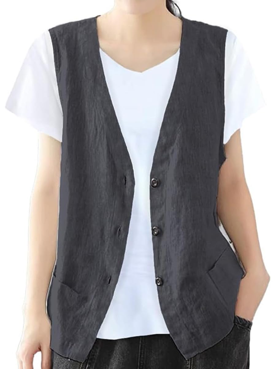 IDEALSANXUN Womens Cotton Linen Vest Casual Sleeveless Blazer