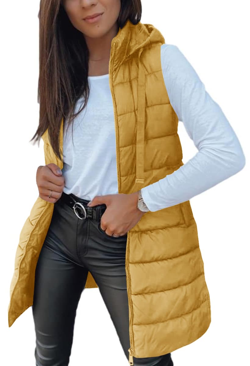 Veatzaer Women Long Vest Sleeveless Hood Winter Puffer Vest Outwear
