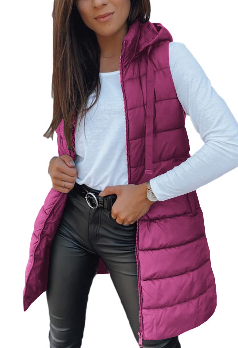 Veatzaer Women Long Vest Sleeveless Hood Winter Puffer Vest Outwear