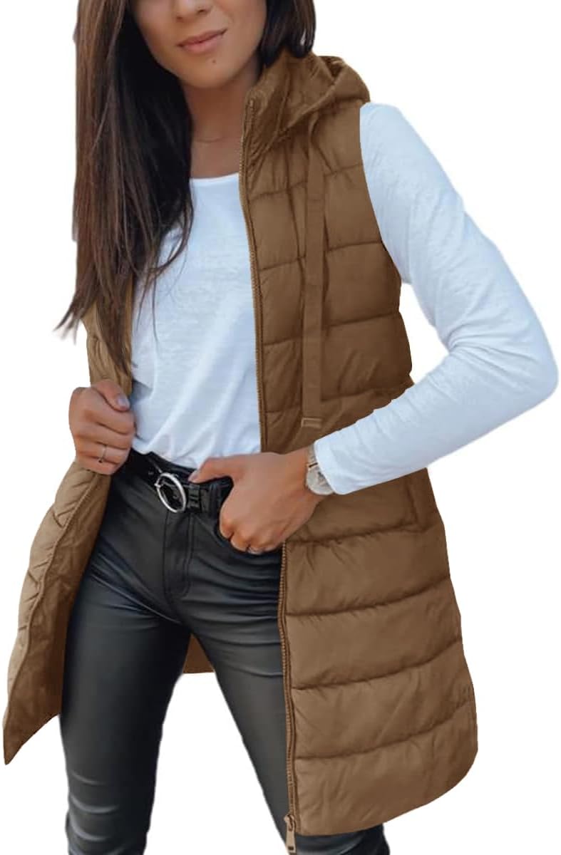 Veatzaer Women Long Vest Sleeveless Hood Winter Puffer Vest Outwear