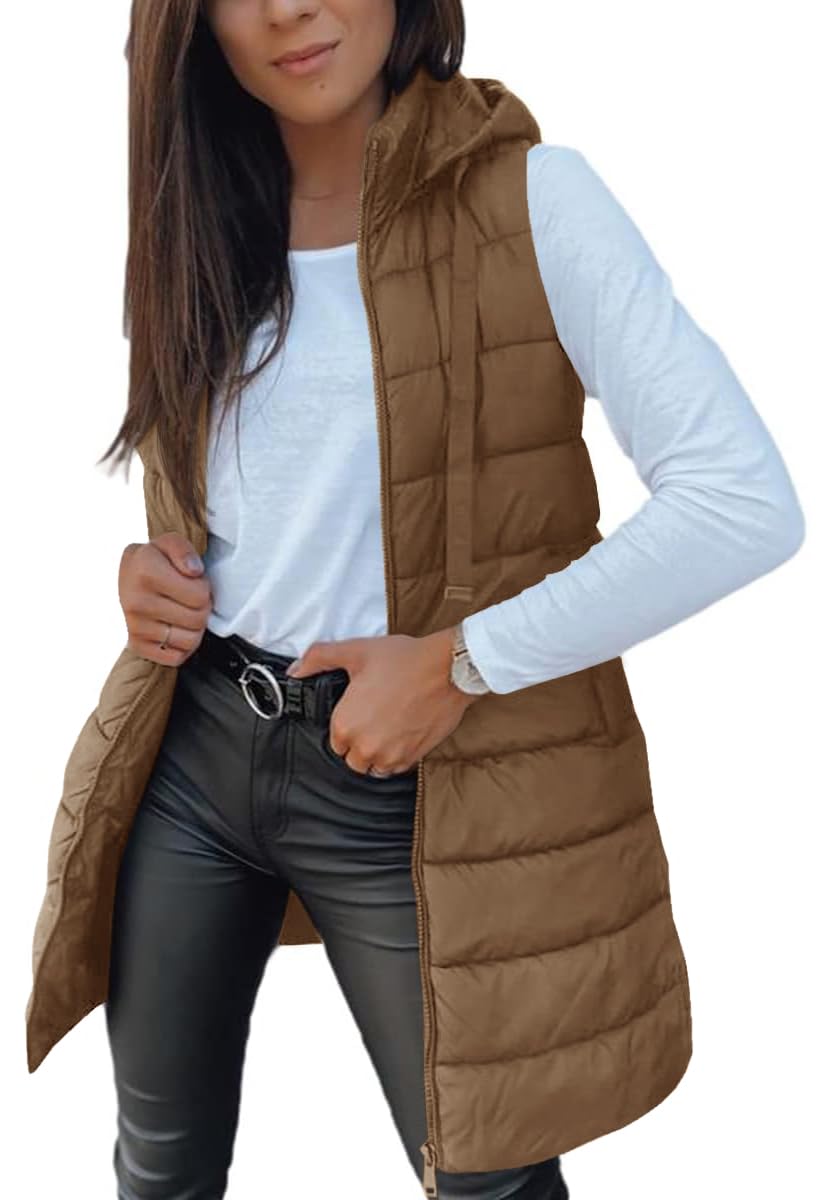 Veatzaer Women Long Vest Sleeveless Hood Winter Puffer Vest Outwear