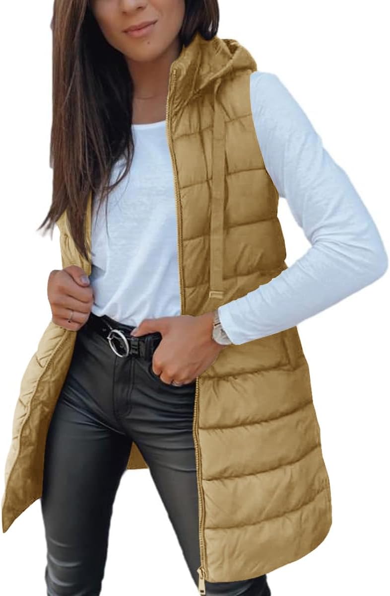 Veatzaer Women Long Vest Sleeveless Hood Winter Puffer Vest Outwear