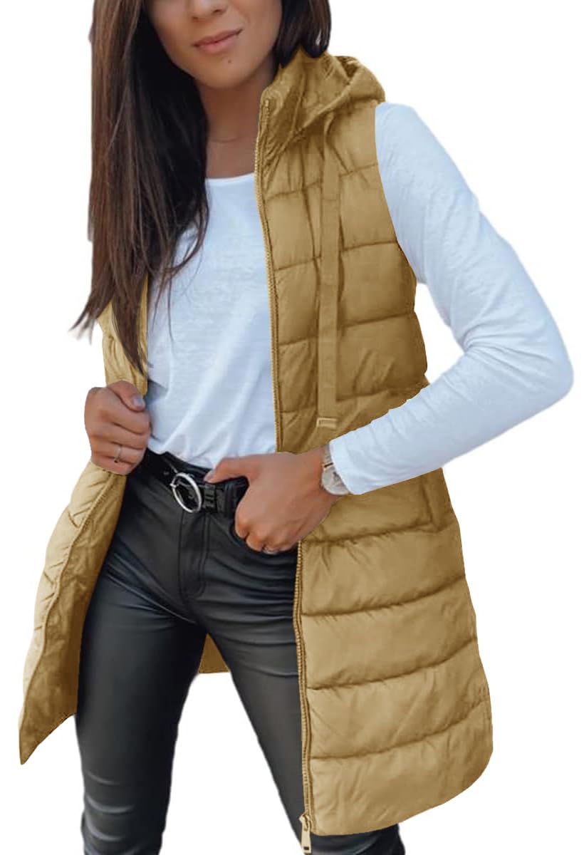 Veatzaer Women Long Vest Sleeveless Hood Winter Puffer Vest Outwear