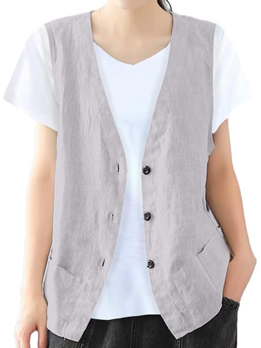 IDEALSANXUN Womens Cotton Linen Vest Casual Sleeveless Blazer