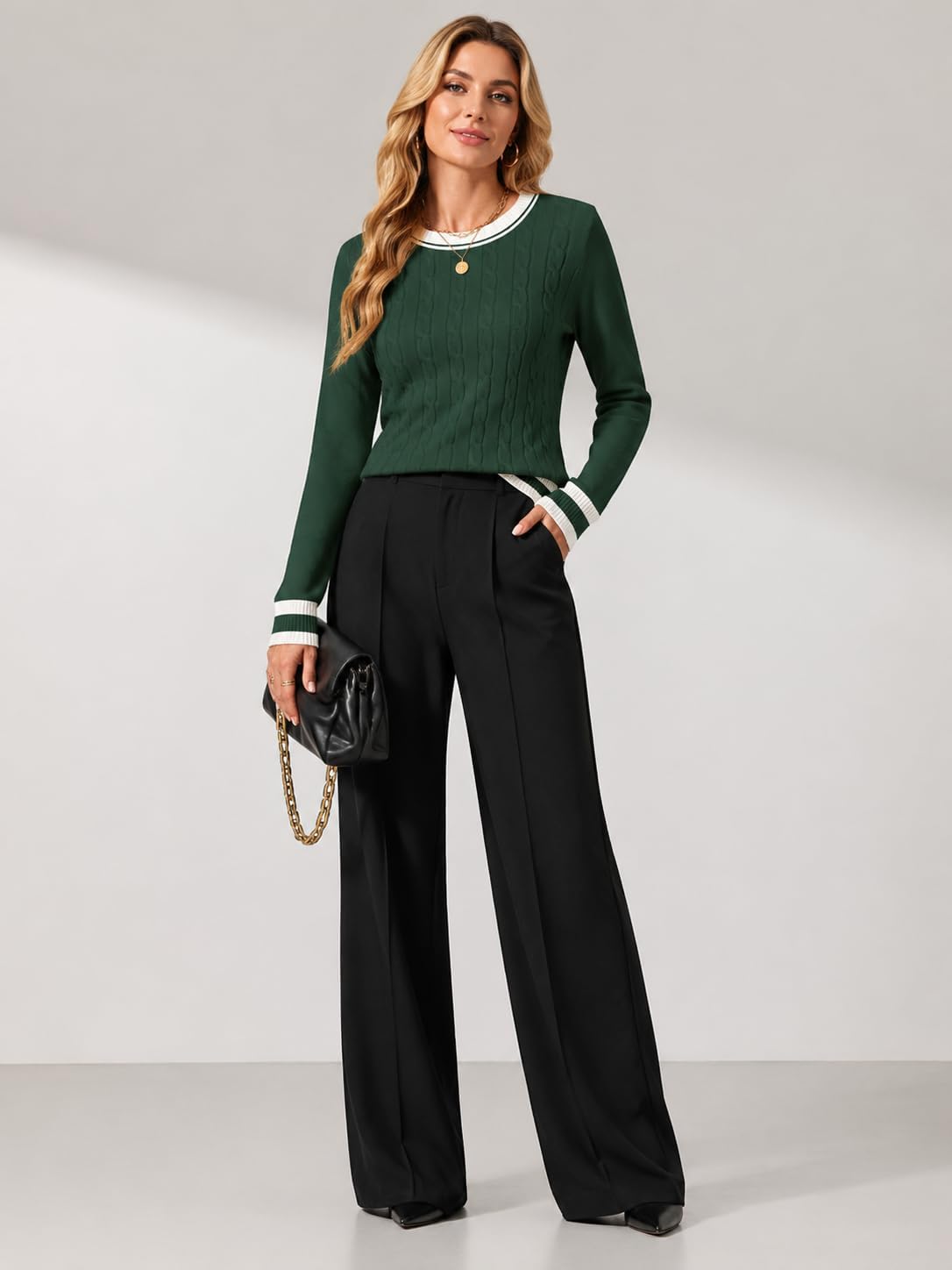 Rapbin Women's Contrast Trim Knit Sweater Long Sleeve Crew Neck Pullover
