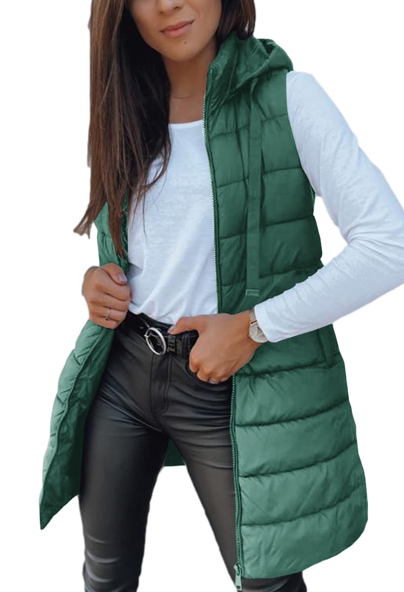 Veatzaer Women Long Vest Sleeveless Hood Winter Puffer Vest Outwear