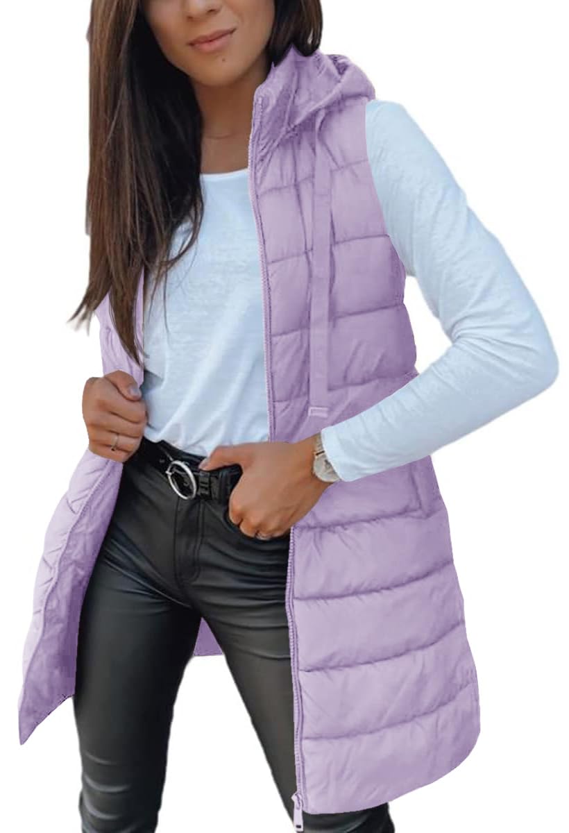 Veatzaer Women Long Vest Sleeveless Hood Winter Puffer Vest Outwear