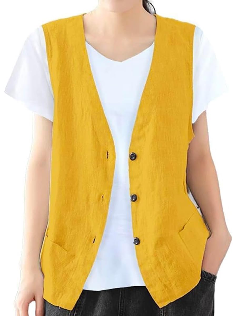 IDEALSANXUN Womens Cotton Linen Vest Casual Sleeveless Blazer