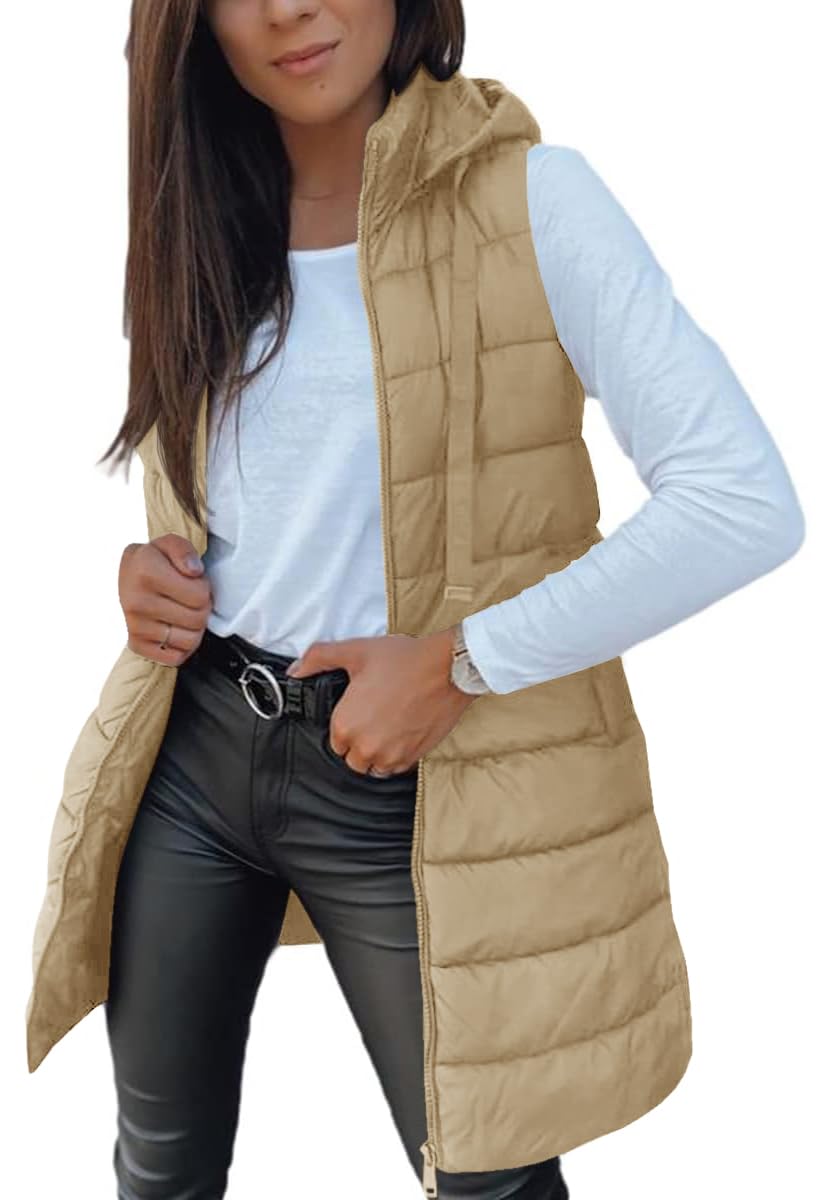 Veatzaer Women Long Vest Sleeveless Hood Winter Puffer Vest Outwear
