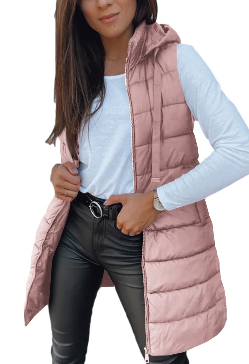 Veatzaer Women Long Vest Sleeveless Hood Winter Puffer Vest Outwear