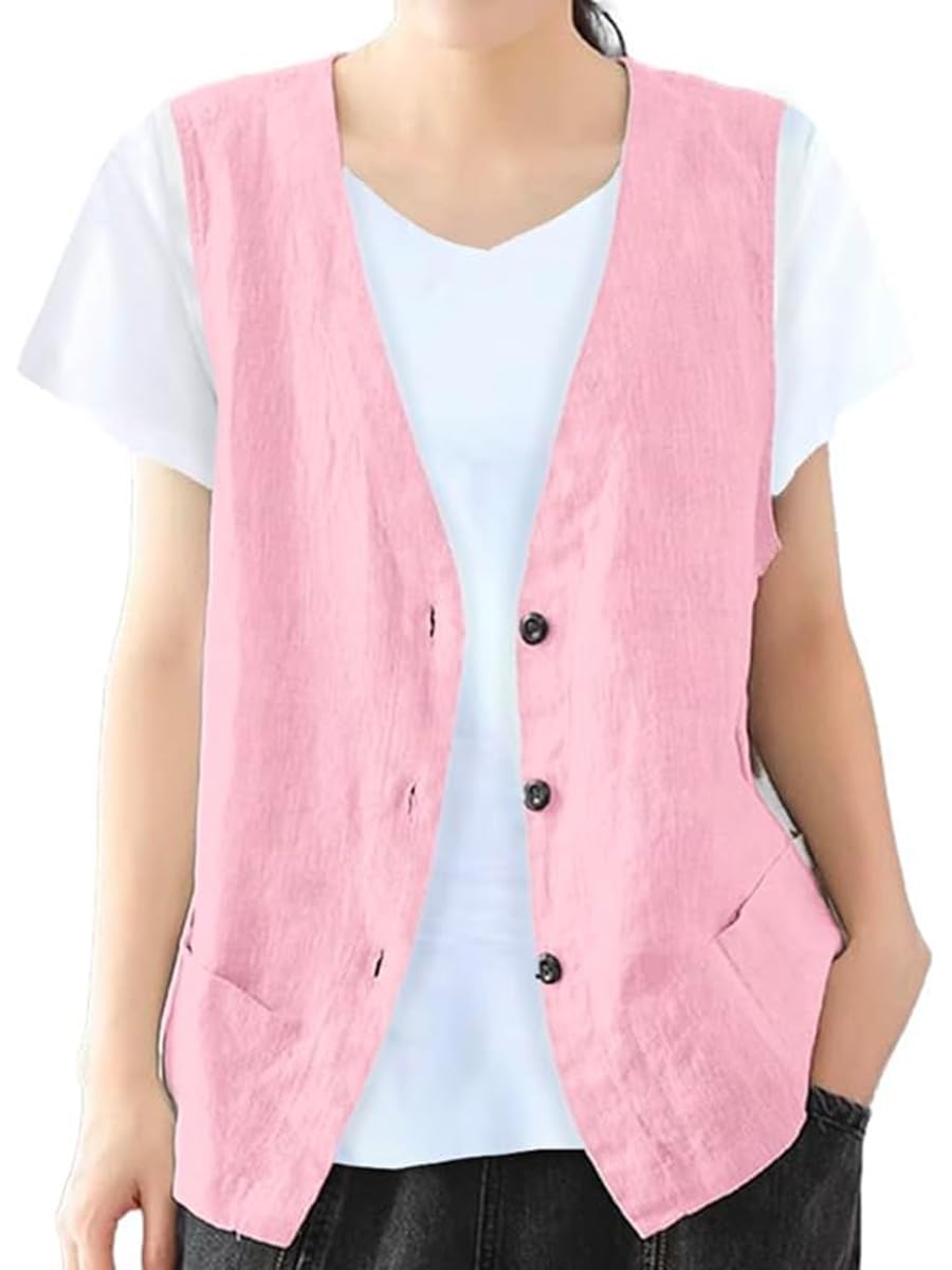IDEALSANXUN Womens Cotton Linen Vest Casual Sleeveless Blazer