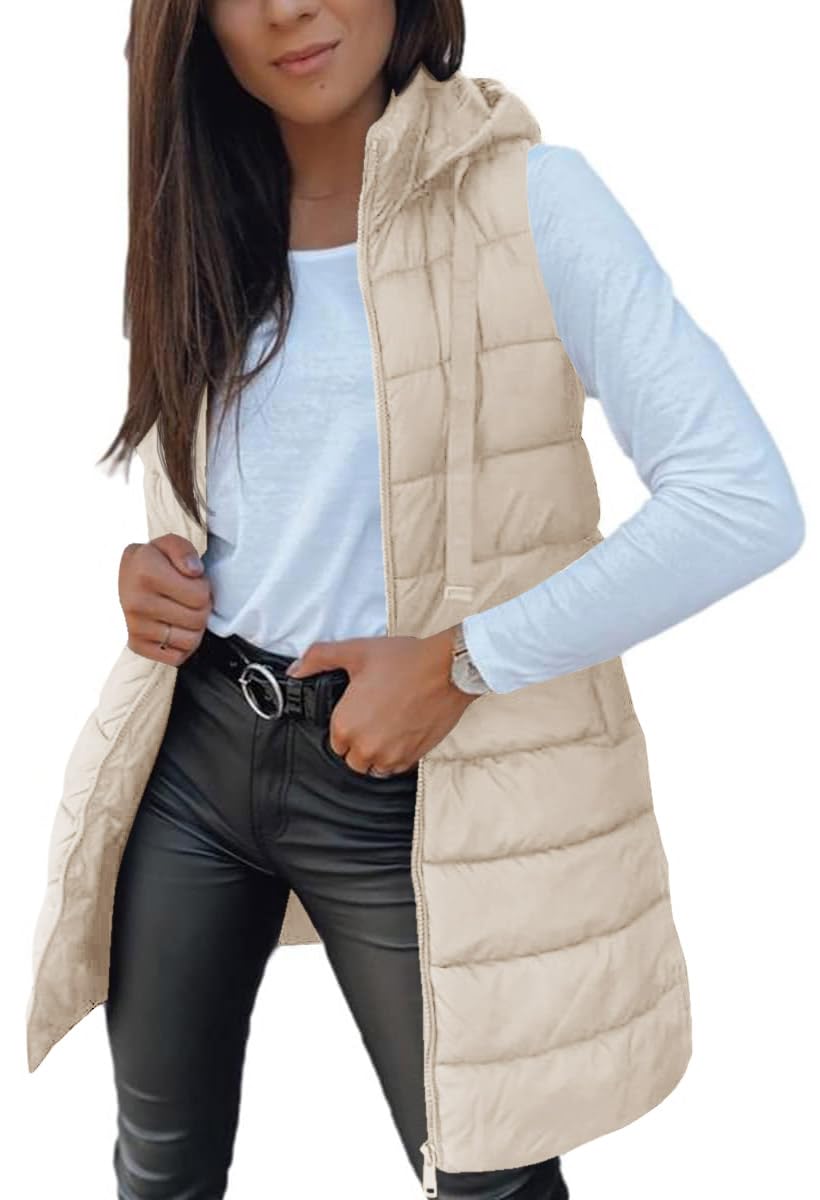Veatzaer Women Long Vest Sleeveless Hood Winter Puffer Vest Outwear