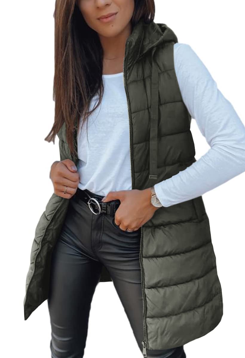 Veatzaer Women Long Vest Sleeveless Hood Winter Puffer Vest Outwear