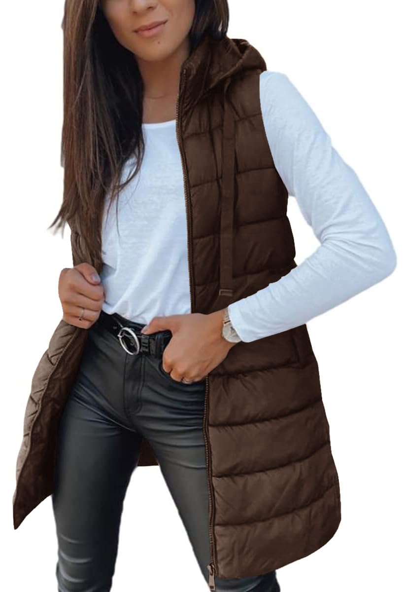 Veatzaer Women Long Vest Sleeveless Hood Winter Puffer Vest Outwear