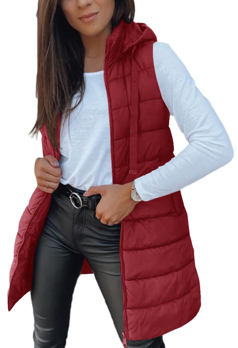 Veatzaer Women Long Vest Sleeveless Hood Winter Puffer Vest Outwear