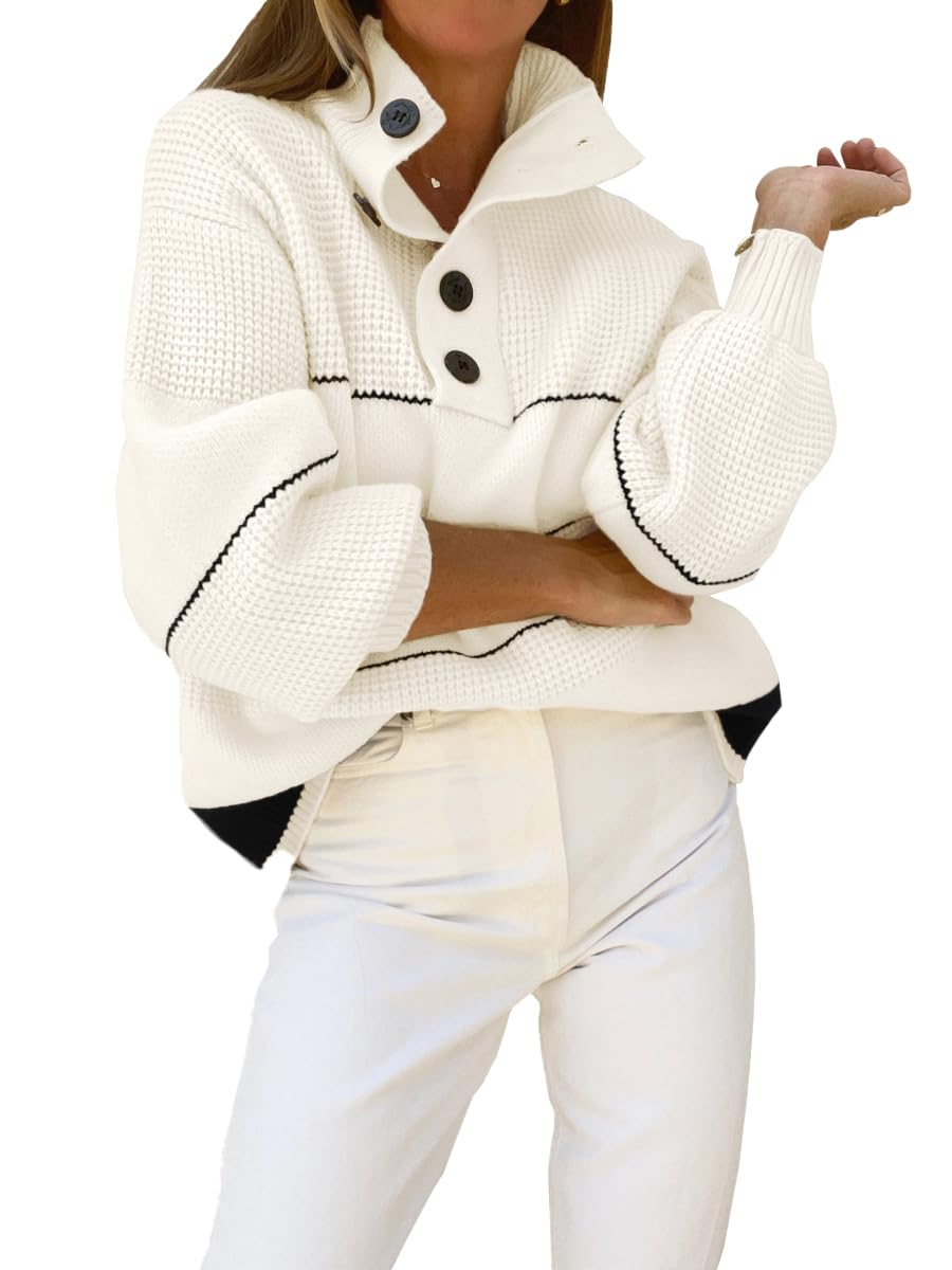 CHARTOU Women's Waffle Knit Knitwear Slouchy Striped Polo Collared Long Sleeve Pullover Sweater Tops