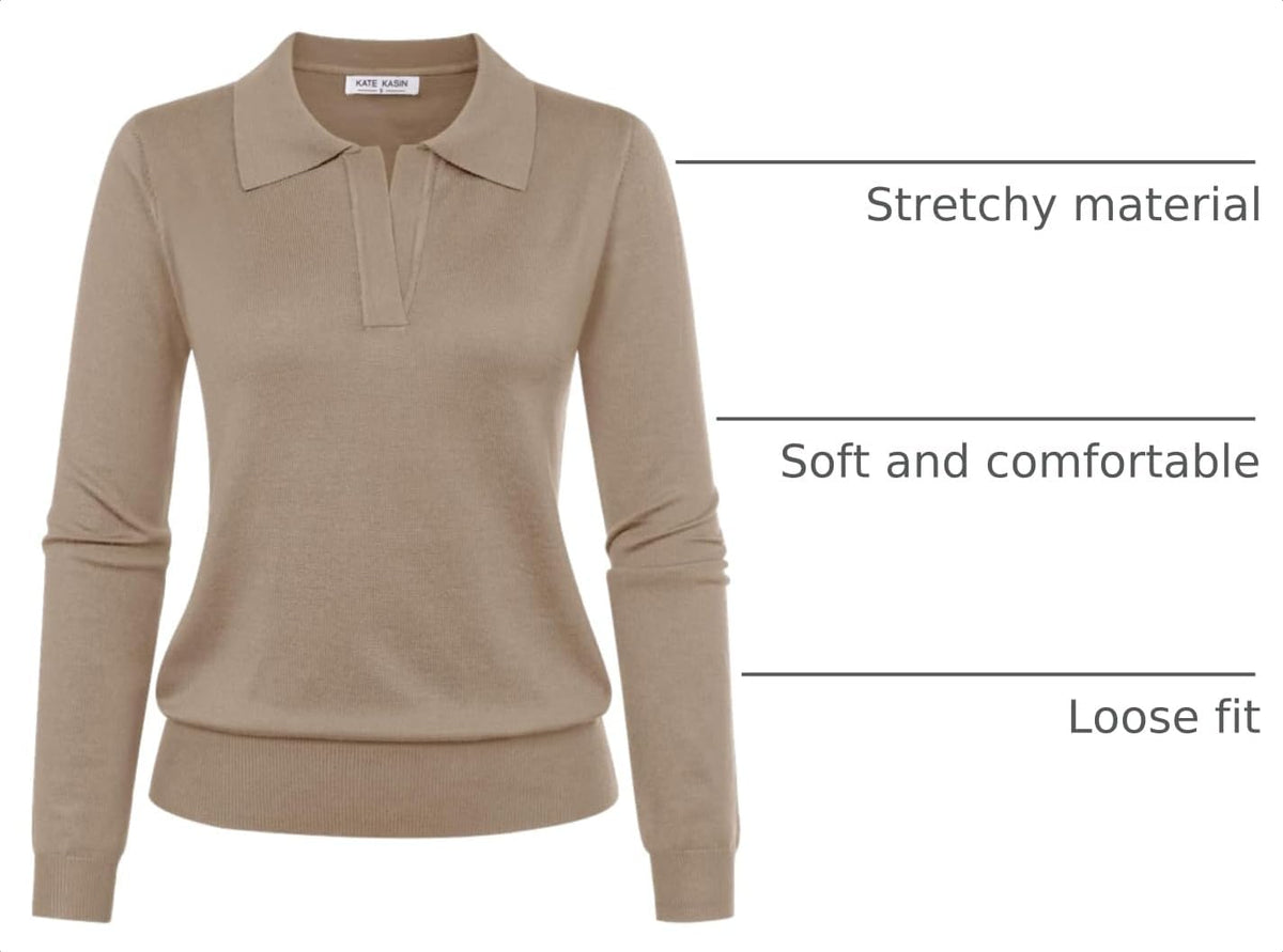 Women's Long Sleeve Classic V Neck Casual Fall Winter Polo Sweater Tops