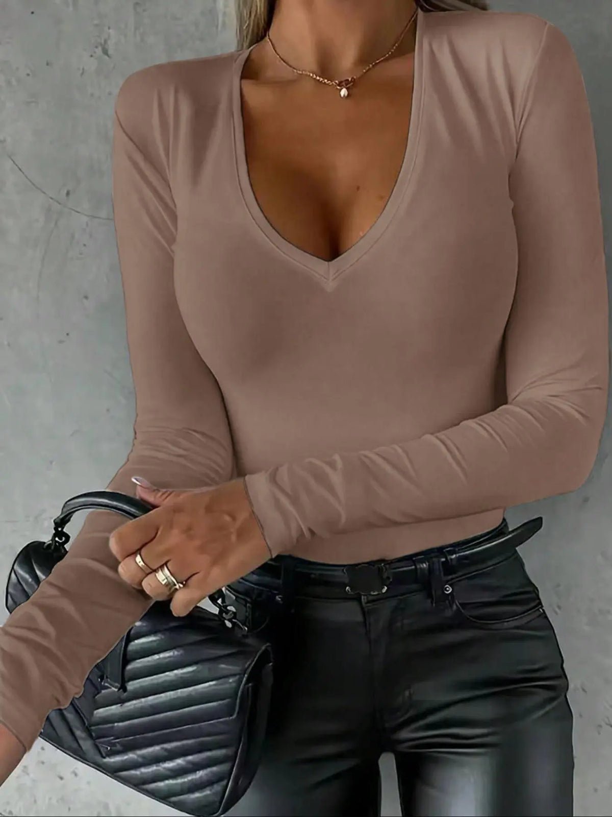 Women's Solid Color V Neck Long Sleeve Knit Tee, Casual Basic Lady T-shirt for Spring & Fall, Women's Top for Daily Wear, Fit, Womenswear, Knitwear, Fabric, Casual Knit Tops, Fashion Knit Clothing
