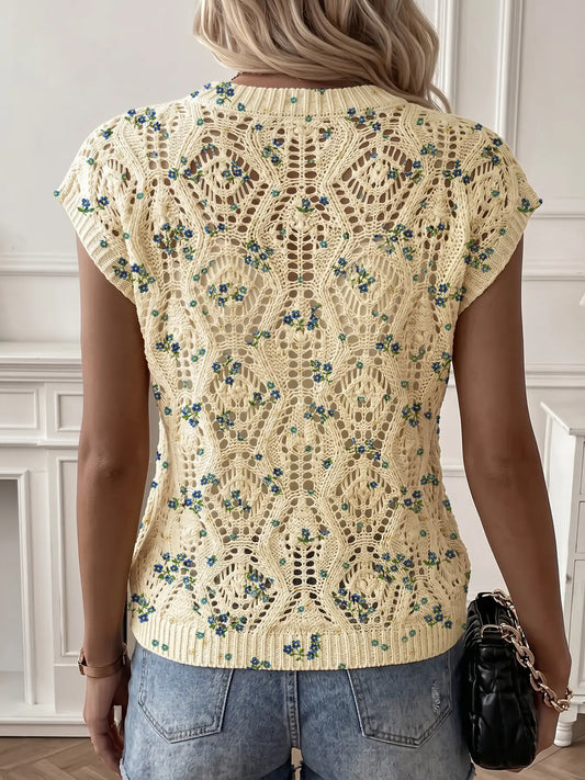Women's Elegant Floral Print Round Neck Cardigan Vest, Breathable Knit Top, Hollow Out Design, Casual All-Season Wear