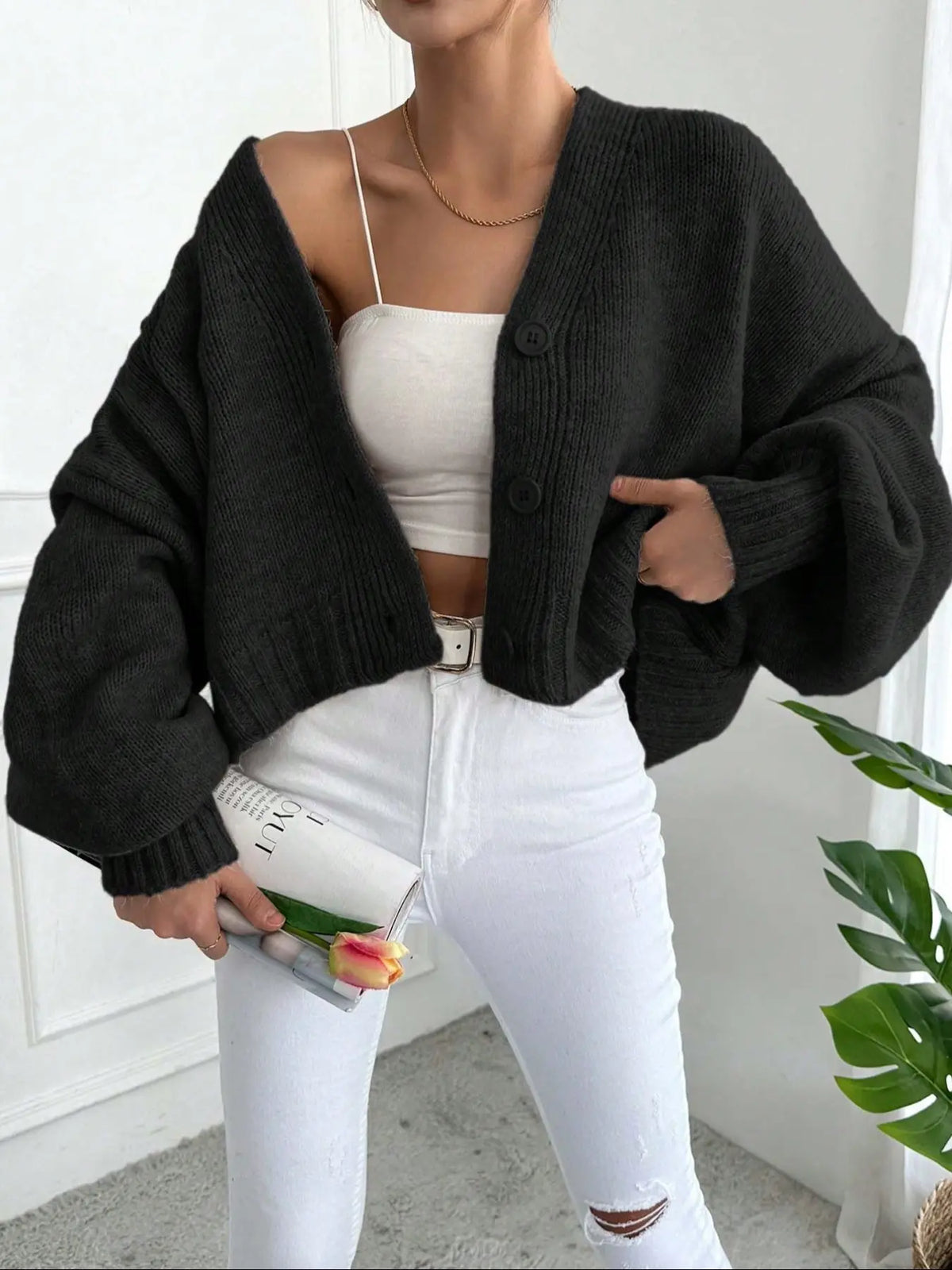 Women's V Neck Lantern Sleeve Sweater, Casual Baggy Loose-Fit Knitted Cardigan, Fall & Winter Fashion, Minimalist, Plain Color, One Button Design, Knitwear Tops