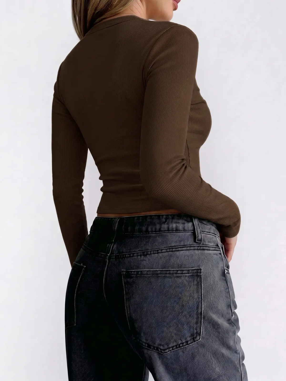 Women's Solid Color Round Neck Long Sleeve Cardigan, Slim Fit Short Jacket, Elastic Knit T-Shirt, Fall Season, Versatile Inner Outer Wear, Casual Basic Knitwear