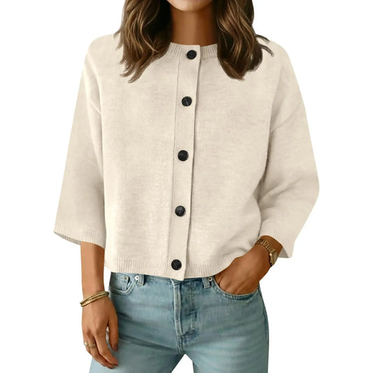 Saodimallsu Women's Basic Short Sleeve Knit Cardigan - Casual Lightweight Round Neck Button-Down Mixed Fibers Fabric Tops for Women, Easy Machine Wash Summer Everyday Wear