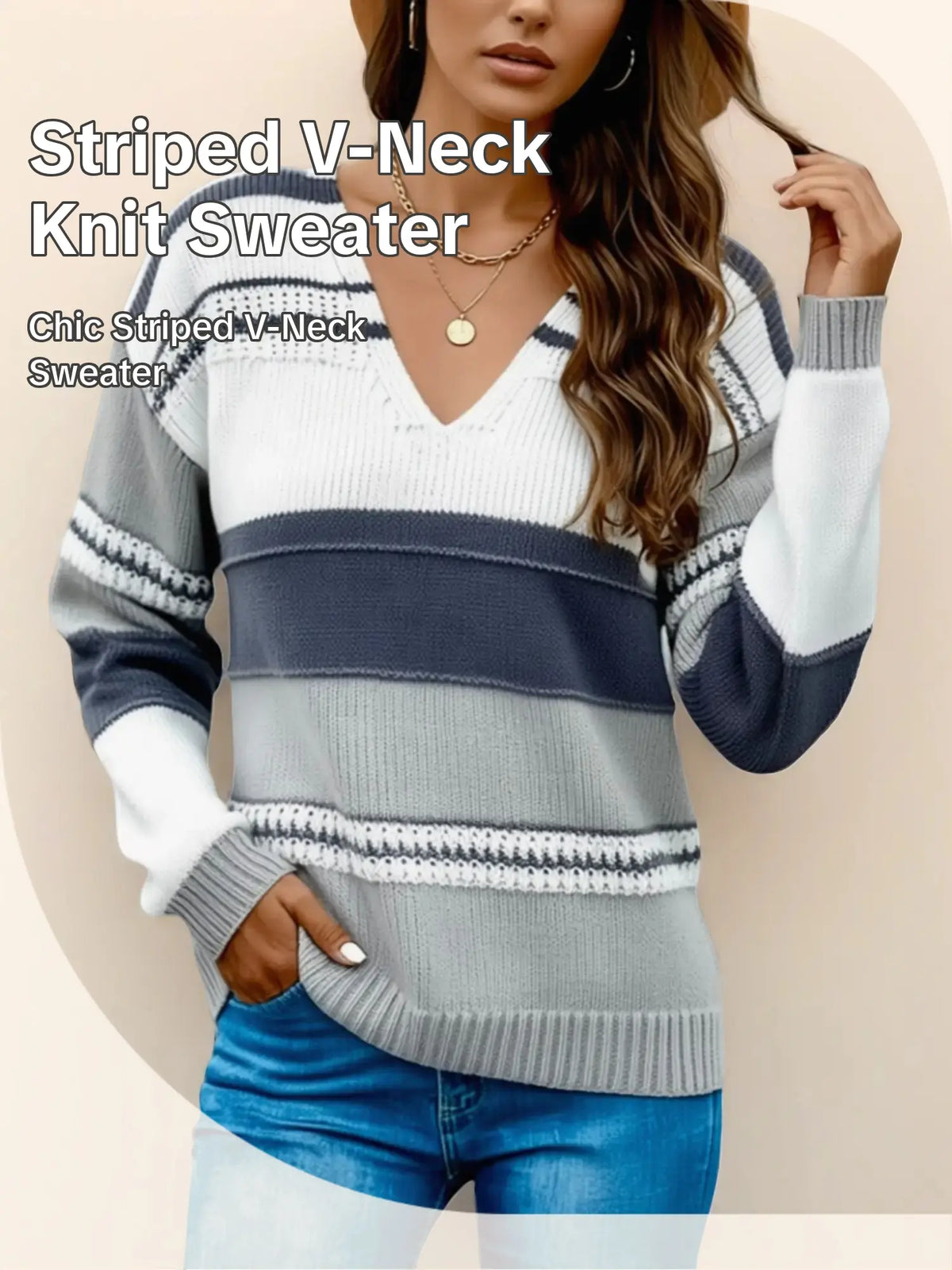 Women's Spring & Fall Fashion Striped Color Block Long Sleeve Fitted Knitwear Sweater, V Neck Warm Knit Pullover for Casual and Party Wear