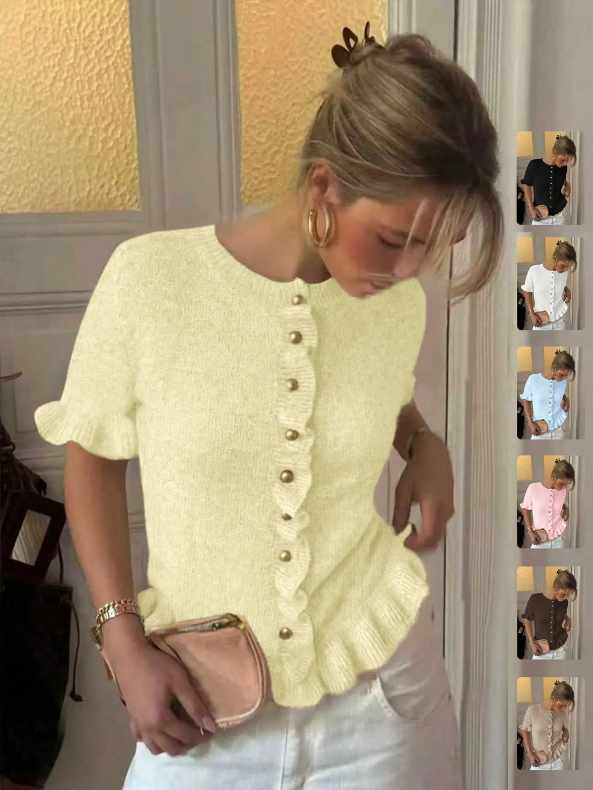 Women's Spring Summer Vintage Fashion Casual Round Neck Short Sleeve Knitted Cardigan Knitwear, Ruffle Design and Metal Buttons, Elegant Soft Sweater Knitting