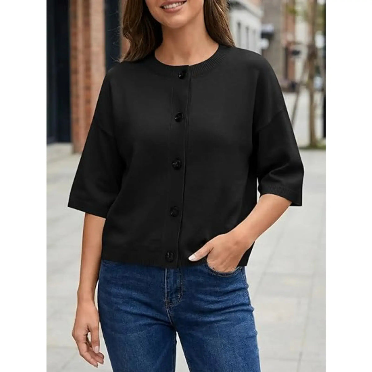 Saodimallsu Women's Basic Short Sleeve Knit Cardigan - Casual Lightweight Round Neck Button-Down Mixed Fibers Fabric Tops for Women, Easy Machine Wash Summer Everyday Wear