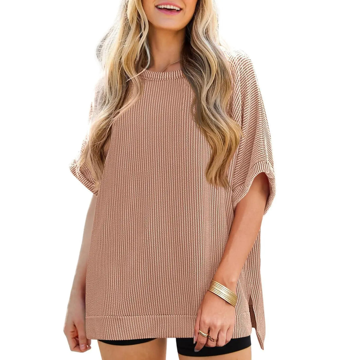 Danedvi Plus Size Oversized Knit Tunic Top Casual Summer Tee for Curvy Women - Soft Stretch Round Neck, Short Batwing/Dolman Sleeves, Side Slits, Striped or Solid Options, S-3XL Everyday Fashion