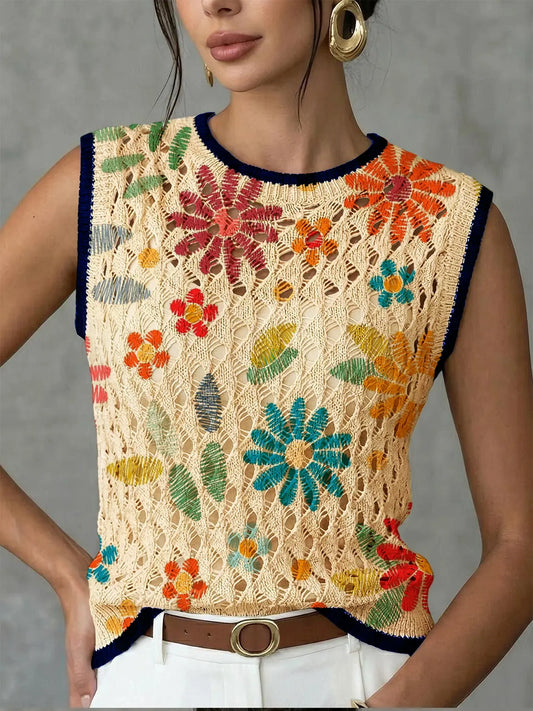 Women's Cartoon Floral Print Round Neck Knit Vest, Casual Sleeveless Sweater Top, Breathable Fashion for All Seasons, Loose Fit Design