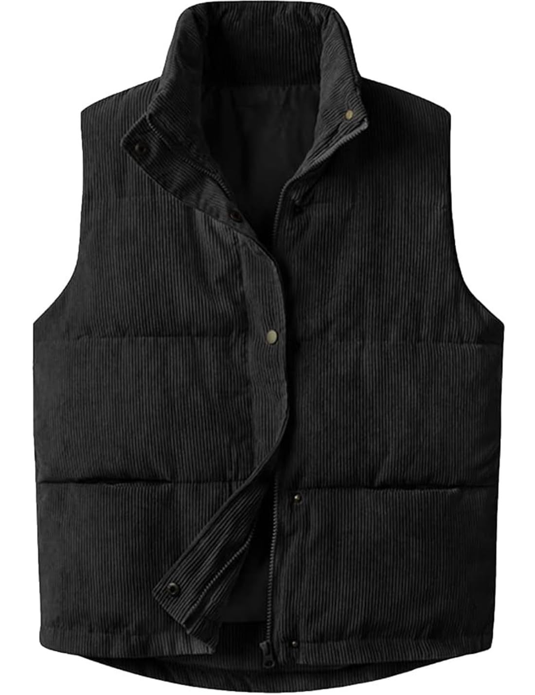 Womens Corduroy Puffer Vest Stand Collar Zip Snap Button Sleeveless Warm Waistcoat Padded Gilet