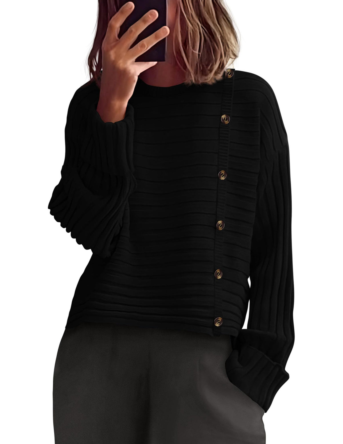PRETTYGARDEN Womens Asymmetric Button Long Sleeve Sweater