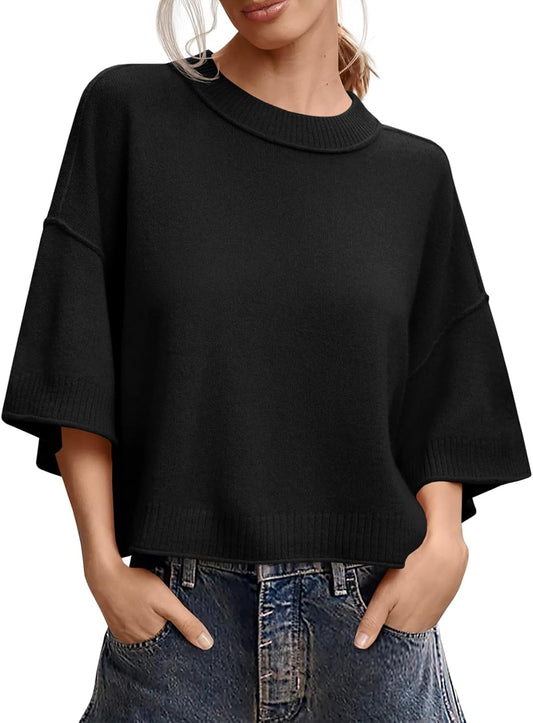 Saodimallsu Womens Short Sleeve Sweater Oversized Cropped Sweaters Knit Top