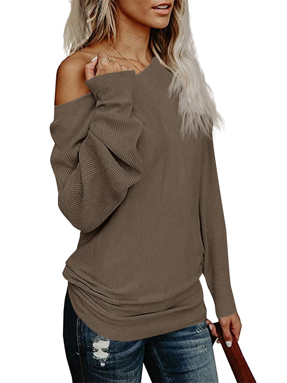 UMEKO Womens Off The Shoulder Sweater Oversized Knit Long Sleeve Sweaters Tunic Tops