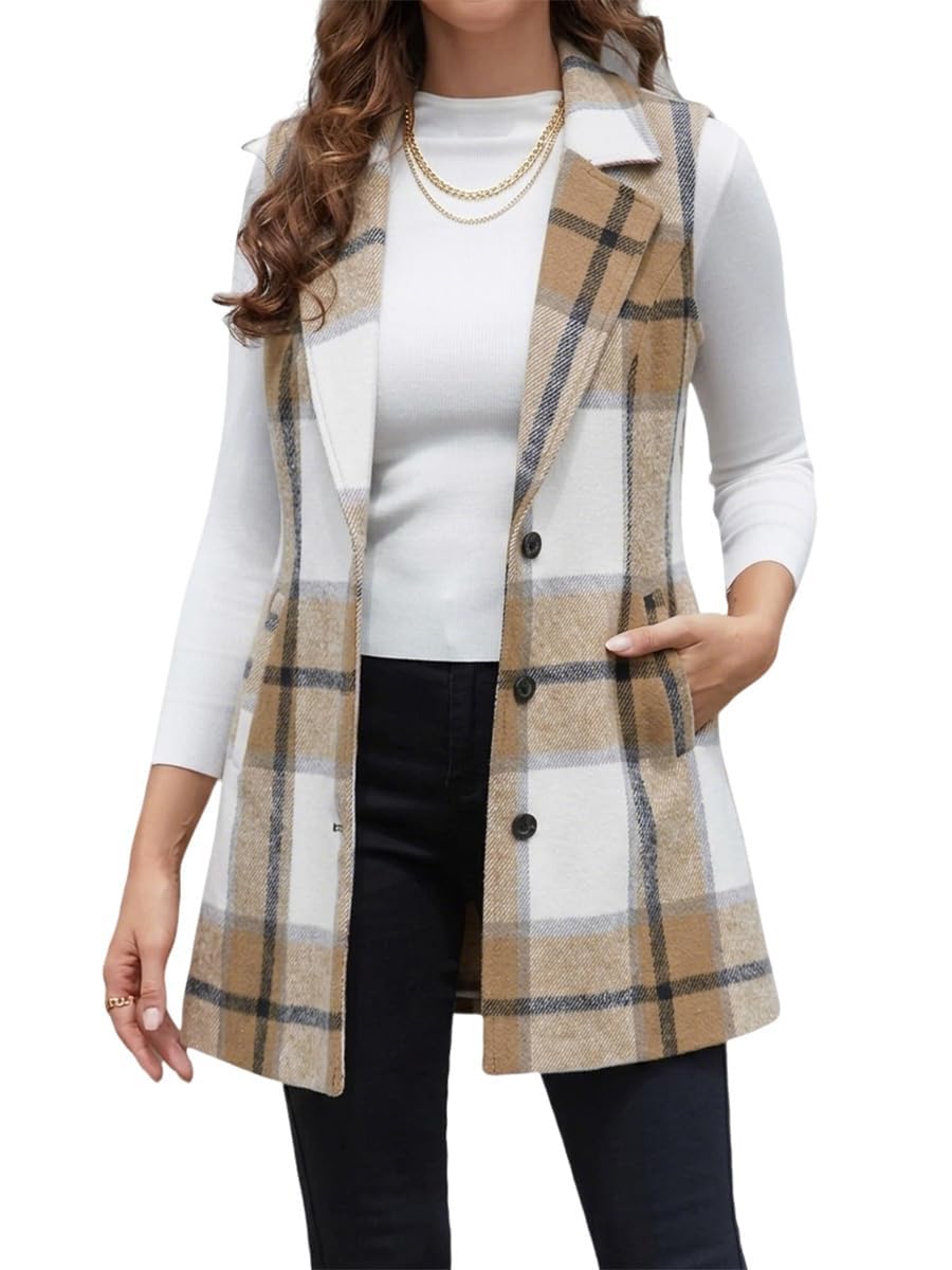 IDEALSANXUN Plaid Vest for Women Fall Winter Sleeveless Blazer Jackets